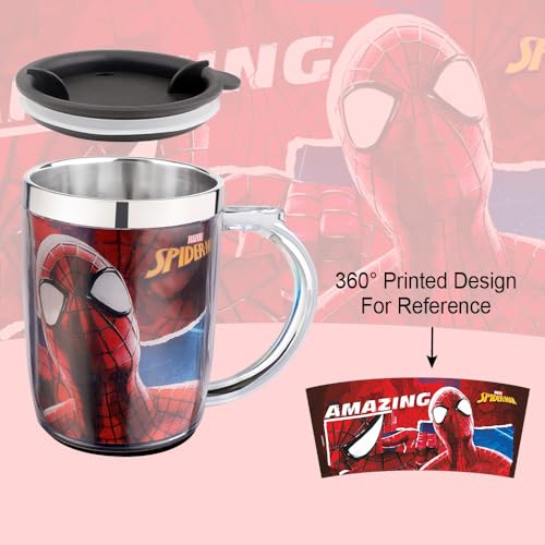 Image of SKi Homeware Double Wall Inner Stainless Steel Tea,Coffee, Milk Mug With Handle And Lid For Kids Cherry Mug (Spider-Man), 350 ML