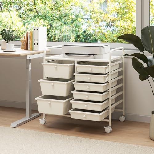 Image of LDAILY 9 Drawer Rolling Storage Cart, Rolling Cart with Drawers for Classroom, Art Supply Craft Organizer on Wheel with Metal Frame & Handles for Home Office School
