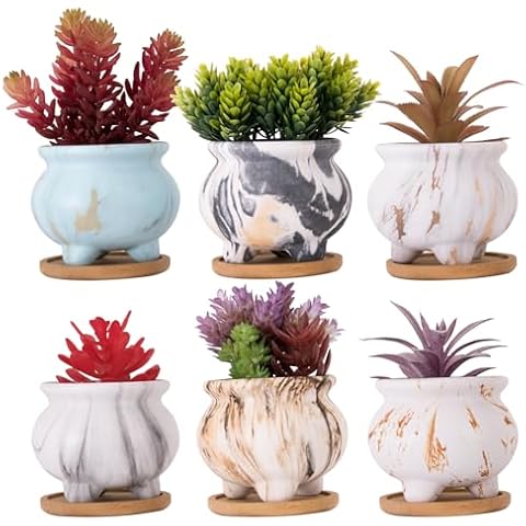 ARTKETTY Succulent Pots, 3.8 Inch Marble Succulent Planter Pots with Drainage Set of 6, Small Bonsai Pots with Tray Ceramic Pots for Indoor Cactus Flower Plants Cover