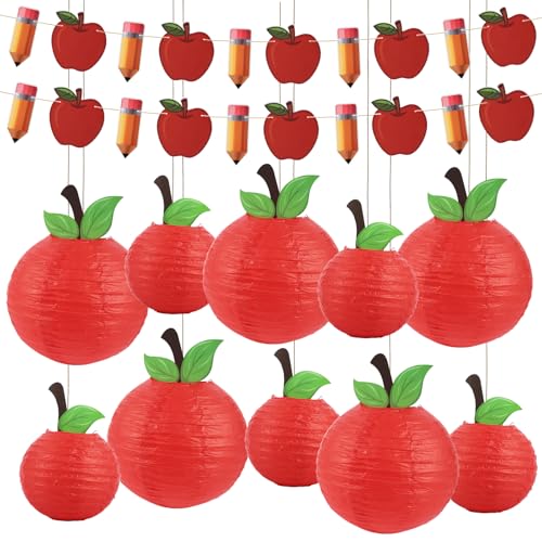 Classroom Decorations 10pcs Red Apple Shaped Paper Lanterns and 2 Strings of Back to School Banners First Day of School Decorations Hanging Party Home Decoration