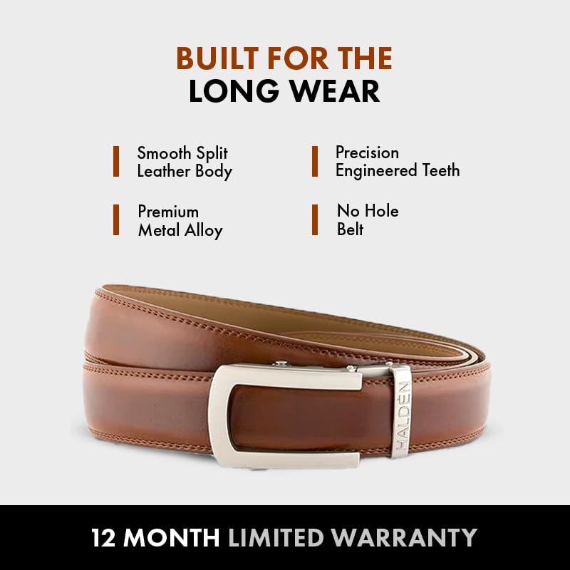 Image of HALDEN BURLEY Belts For Men Leather Original (Free Size Fits Up to 44 Inch Waist) Ratchet Straps, Unique Magnetic Auto-lock Buckle Formal Belts For Men