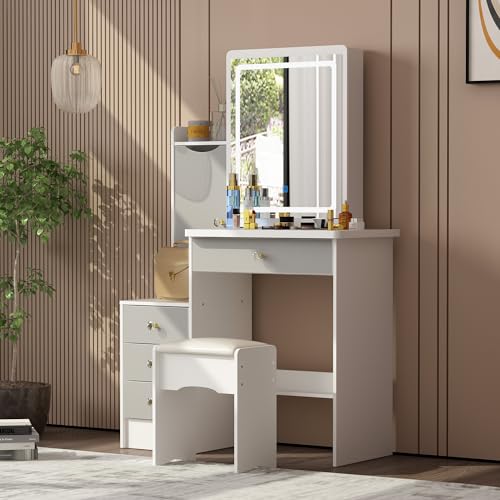 Caldion Coiffeuse avec Miroir LED,Table de Maquillage avec Tabouret,4 Tiroirs & étagères,Bois Tables,Tabouret Rembourré,pour Chambre à Coucher Blanc et Gris
