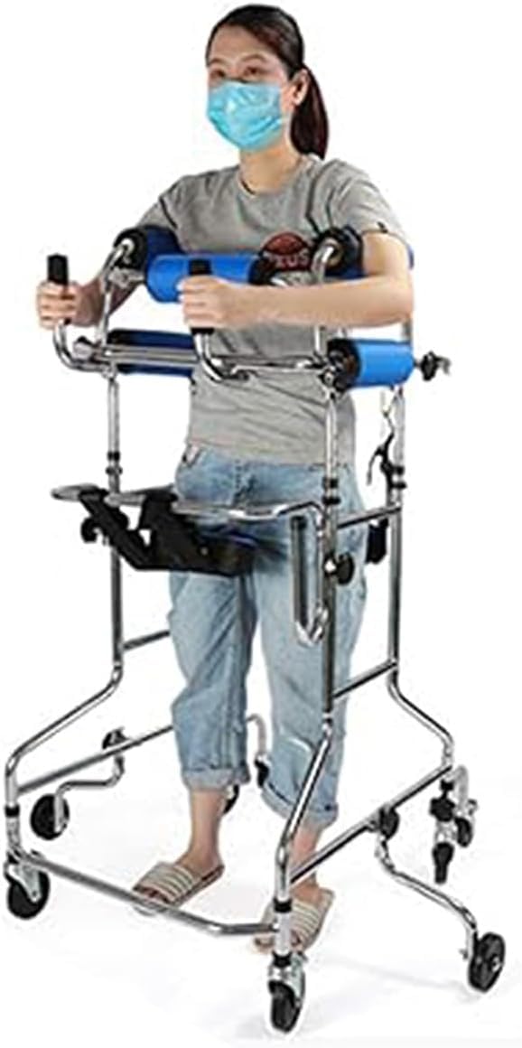 Rehabilitation Standing Frame with 8 Wheels,Stand up Walkers for Seniors with Seat,Double Armpit Support Walking Frame Height Adjustable,Blue(Female)