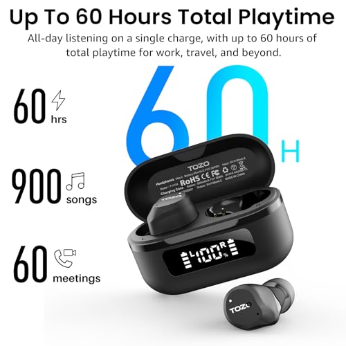 TOZO NC9 Hybrid Active Noise Cancelling Wireless Earbuds, 6 Mics ENC Clear Call, IPX8 Waterproof, in Ear Bluetooth 5.3 Headphones Stereo Bass Ear Buds 60H Playtime with LED Display 32 EQs via APP