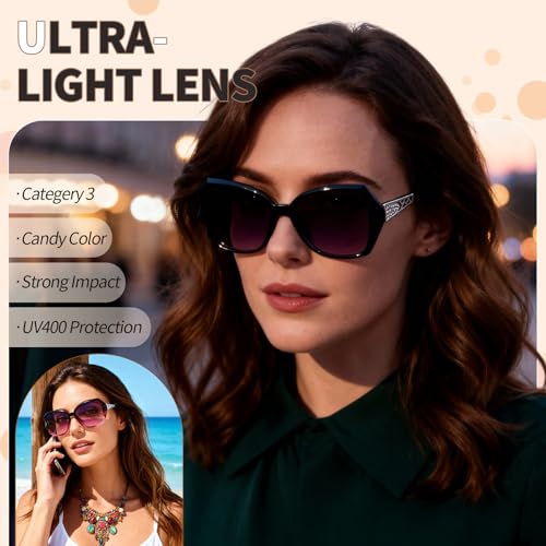 Image of Women Oversized Sunglasses UV400 Protection Lens Sun Glasses | Lightweight Shiny Frame, Classic Trendy Design, Multiple Color Options for Walking, Driving, Shopping, Taking Photos