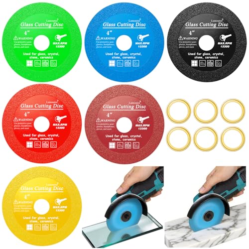 Lamoutor 6Pcs 4 Inch Glass Cutting Disc for Angle Grinder Diamond Saw Blade Tile Cutter Blade for Cutting Marble Glass Tile Jade CrystalGreen/Blue/Yellow/Black/Red/Orange
