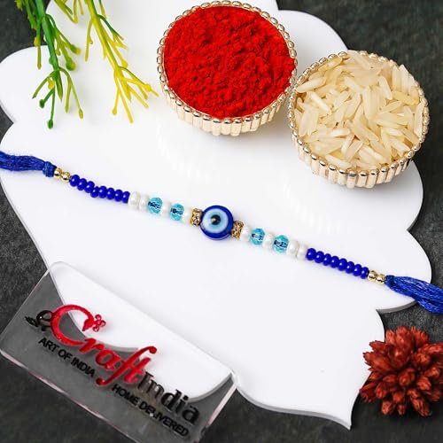 Image of eCraftIndia Blue Evil Eye Rakhi for Brother with Gift Combo Set Hamper | Raksha Bandhan Rakhi for Bhai Bhaiya Bhabhi | Best Bro Ever Fridge Magnet | Roli Chawal Pack