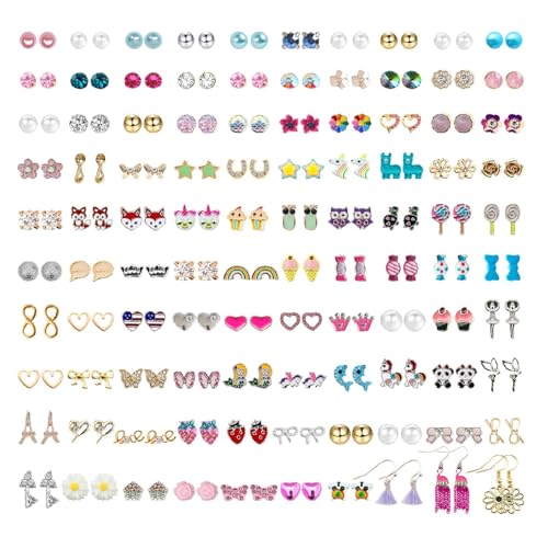 Image of NEWITIN 100 Pairs Colorful Cute Earrings for Girls Sensitive Ears Hypoallergenic Girl Stud Earrings Set Stainless Steel Cartoon Stud for Girls and Women