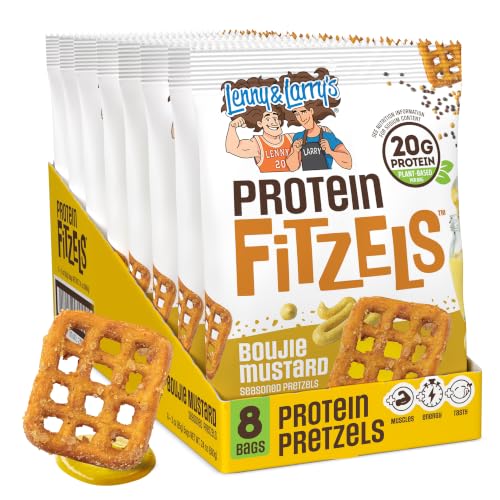 Image of Lenny & Larry's FITZELS Protein Pretzels (Boujie Mustard) 8 Individual Bags 3 oz Each - High Protein Snacks with 20g of Plant Based Protein - Healthy Vegan Pretzels - Delicious Salty Taste