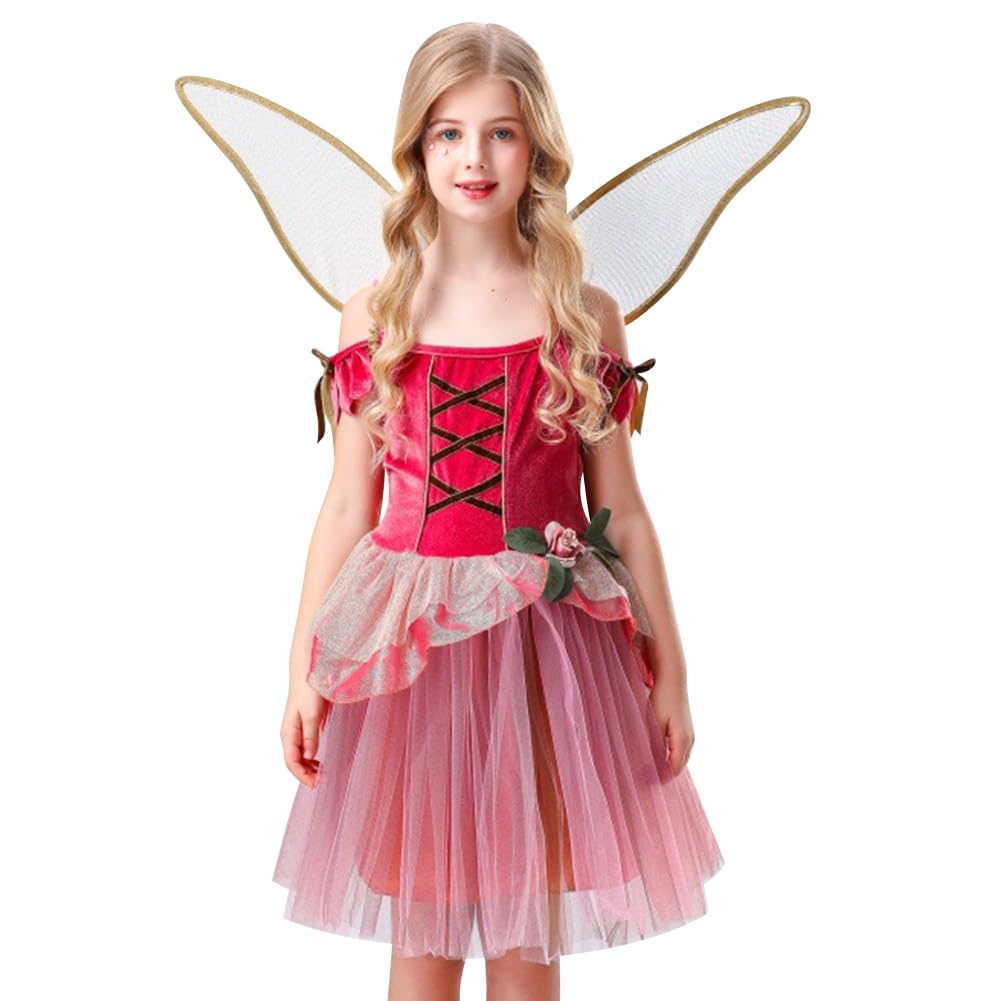 AGYMNX Girls Fairy Pink Costume Kids Halloween Costume Dress + Wings 2 Pieces Set for Kid Girl 5-10 Years Carnival Halloween Forest Themed Party Red 120