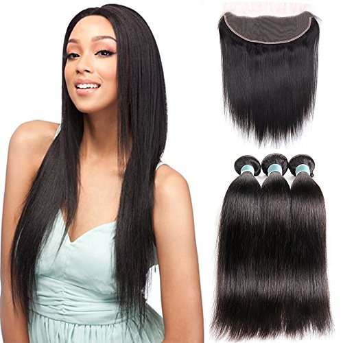 Malaysian Straight Human Hair 3 Bundles with Frontal Closure Ear to Ear Lace Frontal Closure with Bundles 9A Malaysian Virgin Hair Frontal with Baby Hair Natural Black Color(14 16 18 + 12 frontal)