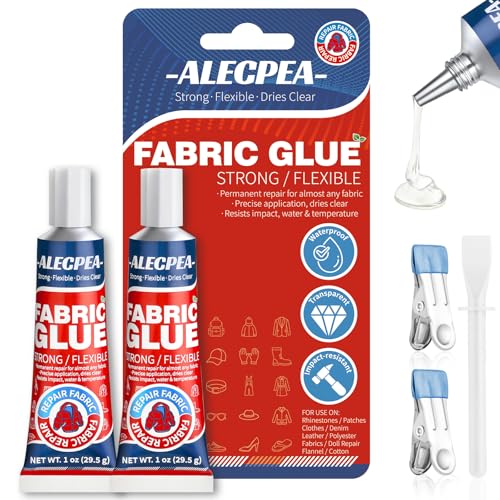 ALECPEA Permanent Fabric Glue Washable 2-Pack Liquid Stitch for Clothing Professional Gel Adhesive for Patches Rhinestones & DIY Crafts Includes 2 Clips & 1 Stirring Stick 29.5g x 2