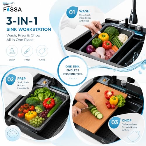 Image of Fosaa Smart Piano Waterfall Kitchen Sink 30 inchx18 inchx9 inch 5-Year Warranty Pure Premium 3.0 mm Collar-thick Stainless Steel with Pull-Down Faucet, LED Panel & Display | Black Honeycomb Finish (5 Button)