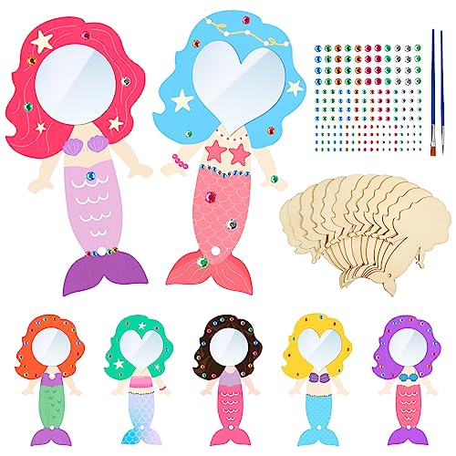 Fennoral 12 Pack Wooden Mirror Craft for Kids Make You Own Mermaid Mirror DIY to Paint Wooden Arts and Crafts for Grils Hand Mirror for Art Activities Project Birthday Gifts