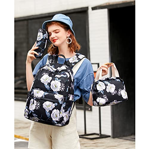 Lmeison Floral Backpack And Lunch Bag Set, Floral Bookbag For Girls Cute School Bag With Lunch Box, Waterproof 15.6Inch Laptop Backpack For Middle School High School, Travel Backpack For Women #TOP6