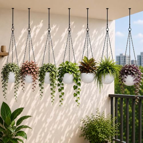 Image of Go Hooked Henri Hanging Planter Pot for Indoor & Outdoor Plants Pack of 7 | 7 Inch Plastic Hanging Pots with Metal Chain | Decorative Round Hanging Planter for Balcony, Garden & Home Decor (Marble)