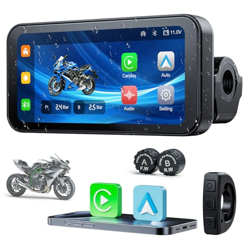 Volam Carplay para Motocicleta Android Auto inalámbrico de 6,25 ', Pantalla táctil portátil, monitoreo de presión de neumáticos, Bluetooth, WiFi, IP67, Resistente al Agua, Llamadas Manos Libres