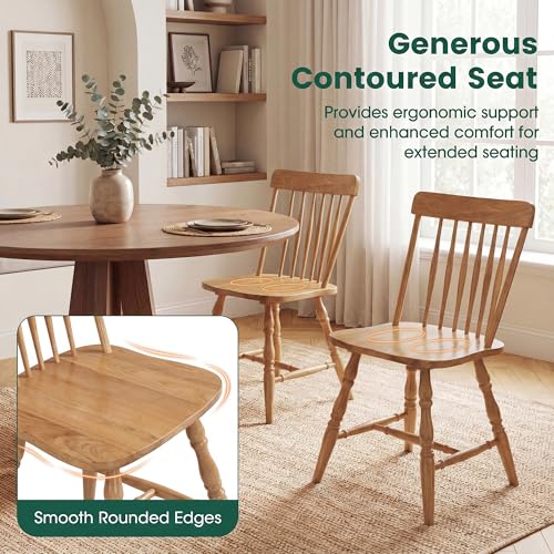 Image of COSTWAY Windsor Chairs Set of 2, Armless Solid Wood Dining Chairs with Spindle Backs, Farmhouse Kitchen Side Chair for Dining Room, Kitchen, Small Space (Natural)