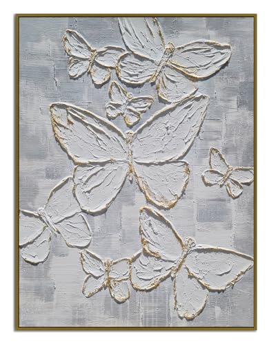Yihui Arts Handmade Gold Foil Butterfly Wall Art on Textured Gray Canvas - Luxurious Oil Painting for Home Decor