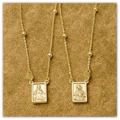 Religious Scapular Necklace, Sacred Heart of Jesus and Our Lady of Mount Carmel Medallions, 14k Gold Laminated Brass, 26 Inches2