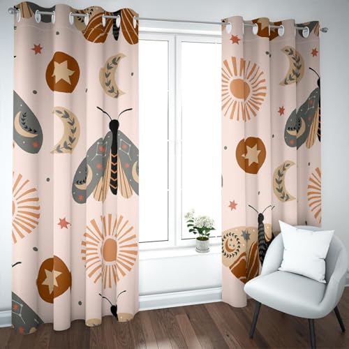 UIRINGART Mariposas abstractas Cortinas Estilo Boho Patrón Sol Luna y Estrellas Tratamientos Ventanas con Aislamiento térmico para Sala Juegos la guardería 2 Paneles H180xB140