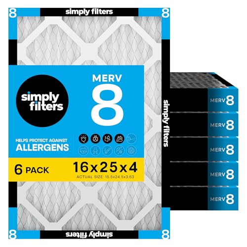 Image of Simply 16x25x4 Air Filter MERV 8, 6 Pack, For Home AC Furnace & HVAC (Actual Size: 15.5 inchx24.5 inchx3.63 inch) DUST Pet & Allergy Control