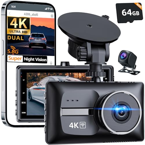4K Front and FHD1080P Rear Dual Dash Cam Dash Camera,5.8G WiFi for Cars, 3.0' IPS Screen,UHD Night Vision 24H Parking, Dual 170° Wide Angle, WDR, G-Sensor,Free 64GB Card Can Supports 256GB Card Max