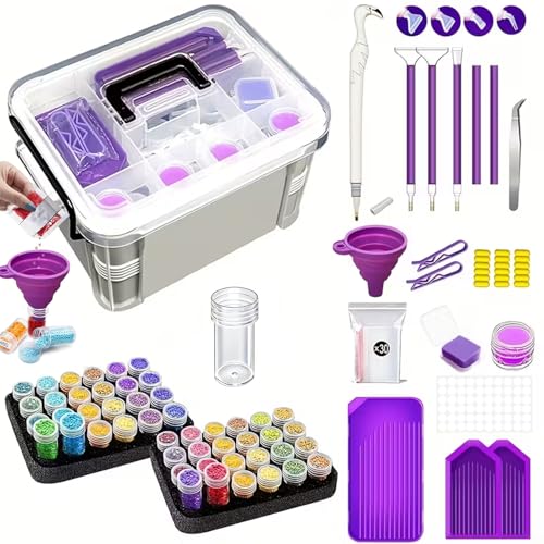 CXJINZE Diamond Painting Tools Accessories Storage-Kit - 111Pcs 5D Set Portable Tool Box with Handle Craft Jewelry Bead Storage Purple Box Art Trays for Diamond Painting Accessories and Tools