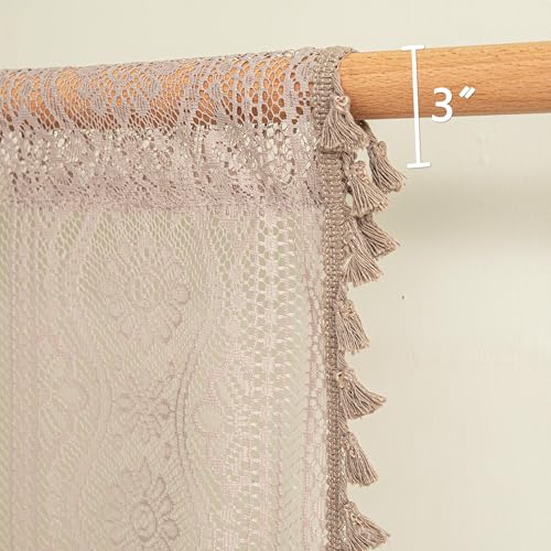 Image of MYSKY HOME Lace Tier Curtains 30 Inch Length 2 Panels Kitchen Cafe Sheer Short Boho Half Country Rod Pocket Curtains for Small Windows Basement Bathroom, 34 inch Wide Each Panel, Brown