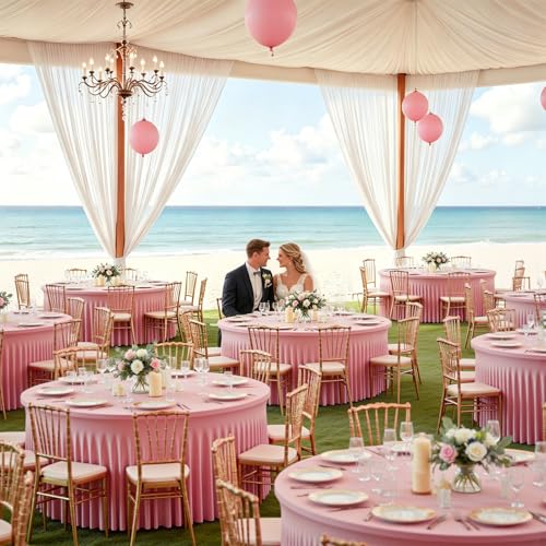 12 Pack Pink Table Cloths for 5FT Round Tables, Fitted Spandex 120 inch Round Tablecloth, Wrinkle Free Pink Table Skirt for Receptions Birthday Photography Social Events Engagement Party Decorations by GALLETY - Used condition - Image 5