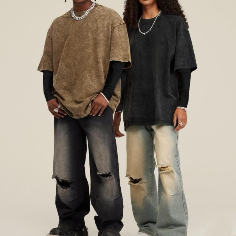 Men's Cotton T-Shirts Vintage Fake Two-Piece Long Sleeve Shirts Washed Oversized Tees Y2k Grunge Clothes - Image 3