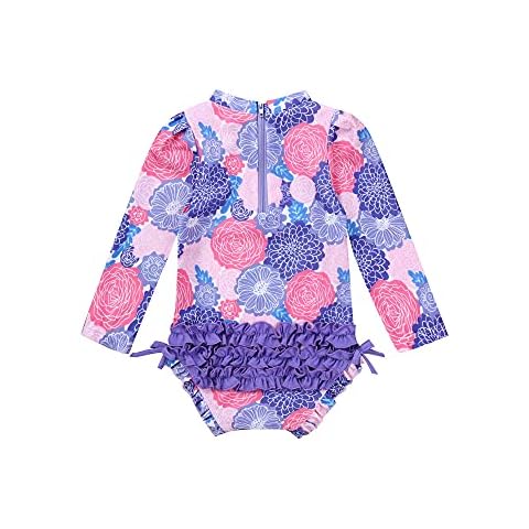 MSemis Infant Baby Girls One-Piece Rash Guard Swimsuit Long Sleeves Shirt Tops Floral Ruffled Zipper Swimwear Purple 0-3 Months Cover
