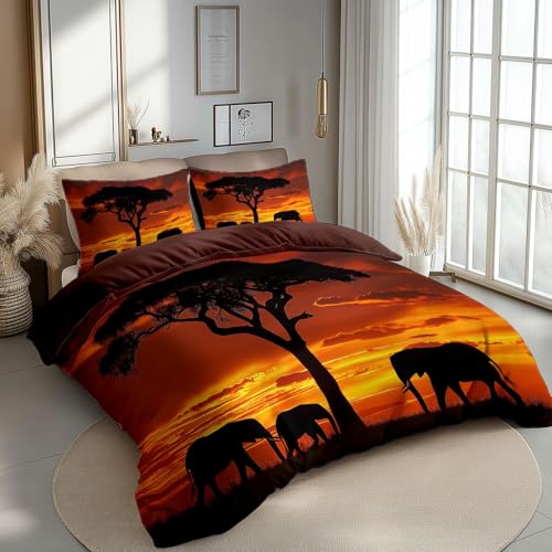 Housse de Couette 140 x 200 cm Savane africaine Éléphant - Parure de Lit Enfant Adulte 1 Personnes avec Fermeture Éclair Sets de Housse Couette en Polycoton...