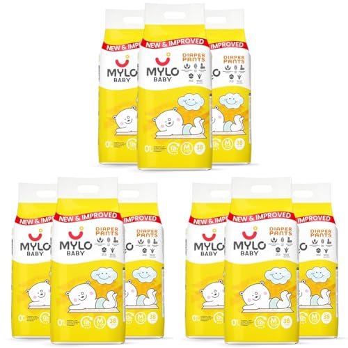 Image of Mylo Baby Diaper Pants Medium (M) Size 7-12 kgs (114 count) Leak Proof | Lightweight | Rash Free | Upto 12 Hours Protection | ADL Technology | with Aloe Vera Lotion (38 Count, Pack of 9)