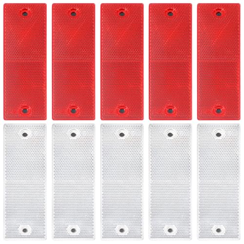 Guduling 10pcs Reflectors for Gate Posts Self Adhesive Reflectors for Driveway Posts Rectangular Trailer Reflectors for Gate Post Trailer Motorcycle Caravan Truck White and Red With Holes