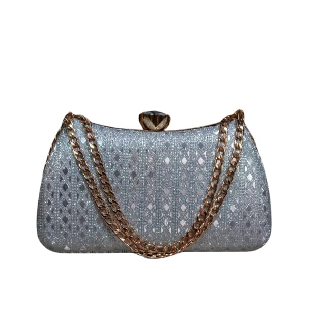 Women Shimmery Clutch With Double Chain Handle-image-3