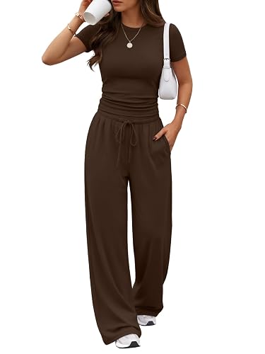Trendy Queen Women's 2 Piece Matching Summer Lounge Set with Pockets | Vacation Airport Travel Outfits, Workout Gym Clothing Comfy Athleisure Clothes, Side-ruched Top, Drawstring Wide Leg Pants