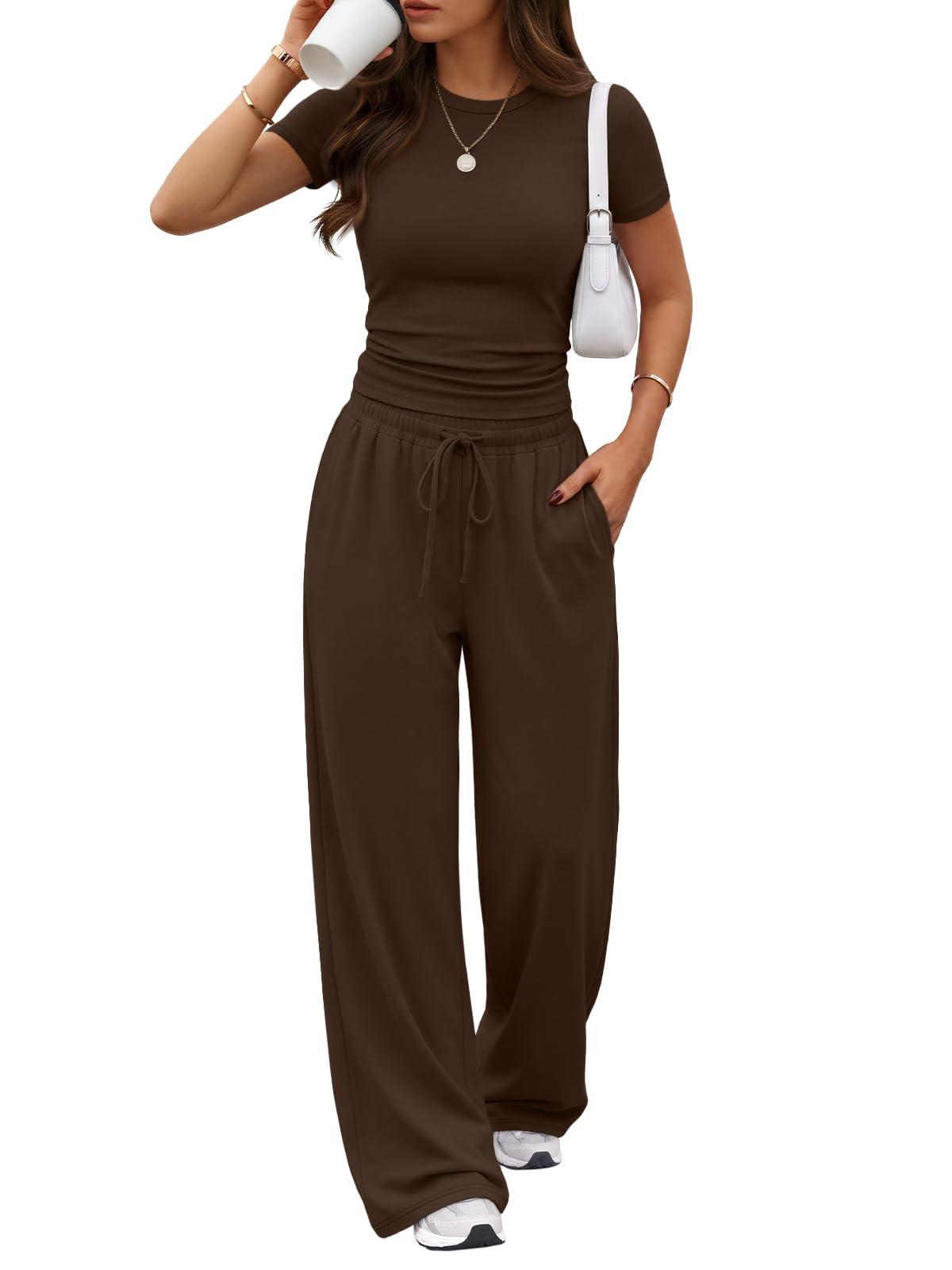 Trendy Queen Women's 2 Piece Matching Summer Lounge Set with Pockets | Vacation Airport Travel Outfits, Workout Gym Clothing Comfy Athleisure Clothes, Side-ruched Top, Drawstring Wide Leg Pants
