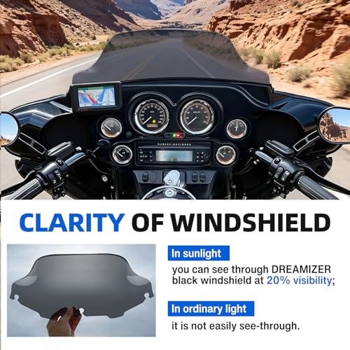 Image of DREAMIZER Wave Windshield Windscreen,Specific Fit Motorcycle Windshield, PC Wind Deflector Compatible with Harley Touring Electra Street Tri Glide 1996-2013 (Smoke Black 8inch)