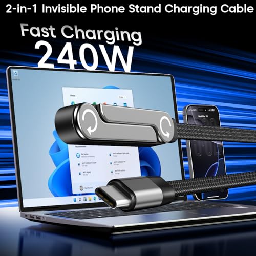 Image of Sounce 2-in-1 Invisible Phone Stand Charging Cable 240W | Fast Charging Cord with Built-in Phone Holder | Tangle Free Nylon Braided | Compatible with Smartphones & Tablets