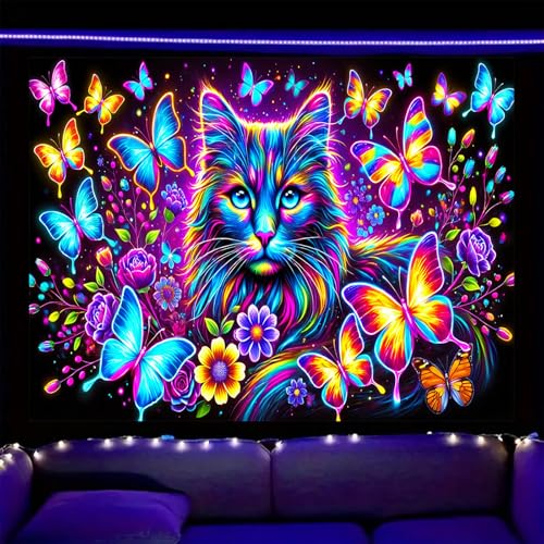 Image of Nuxovilar Neon Cat Butterfly Wall Tapestry Polyester 78.74x59.05 In | Glow Poster Trippy Art Feline Decor UV Wall Hanging Game Room Dorm Themed Space (Cat Butterfly Floral Design)