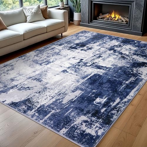 KOZYFLY Modern Abstract Area Rugs 8x10 Navy Blue Machine Washable Thin Rug for Bedroom Non-Slip Living Room Rug, Faux Wool Soft Low Pile Office Carpet for Dining Room, Bedroom, Kitchen Bathroom