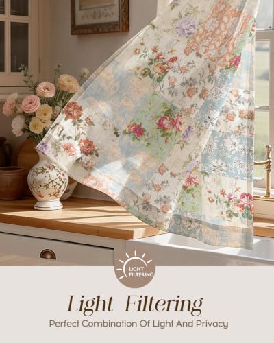 Image of Miss Adola Boho Kitchen Curtains - 24 Inch Length Linen Blend Vintage Floral Cafe Curtains Country Tier Curtain Short Drapes Rod Pocket for Bathroom Living Room Windows Light Filtering, 2 Panels