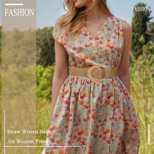 Image of Straw Woven Elastic Belt for Women Stretchy Belts for Dress Fashion Boho Waist Belt Rattan Raffia Ladies Belts