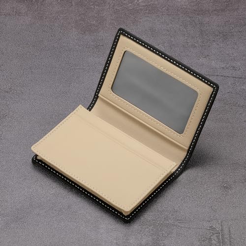 Image of HISCOW Full Grain Leather Business Card Holder Case | Minimalist EDC wallet, gusset holds 25 cards, ID window, fits folded bills, bifold profile, premium gifts for men & women