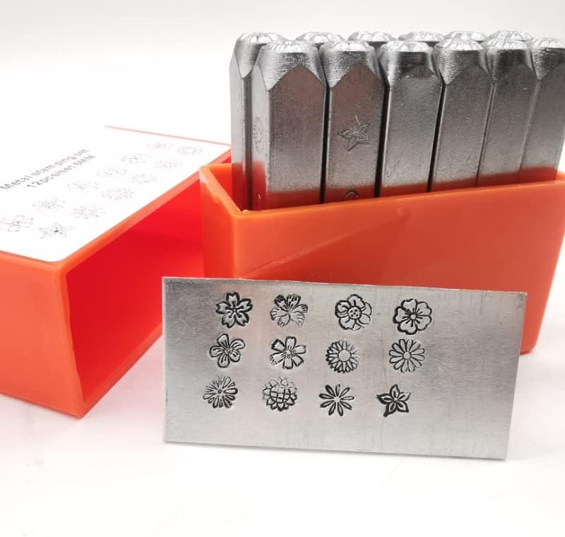 6mm flowers pattern metal stamp set jewelry DIY punching tool leather steel wood stamping custom pressing puncher 12pcs/set - (Color: 12pcs set)