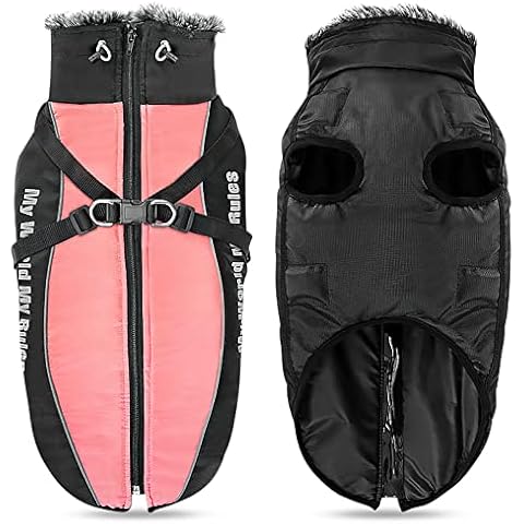 ALLSOPETS Dog Coats Waterproof With Harness Winter Jacket Warm Vest Dog Clothes Dog Coat Warm Winter Dog Jacket Dog Cold Weather Reflective Strips Coats for Medium Large Dogs Pink Cover