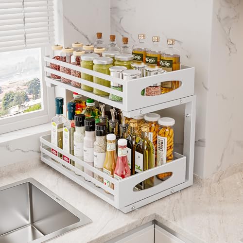 Image of Under Sink Organizer, 2 Tier Under Sink Organizers and Storage, Adjustable Height, Slide out Metal Cabinet Organizers, Pull out Cabinet Storage Drawer Shelf for Kitchen Bathroom (White, 1 Pack)