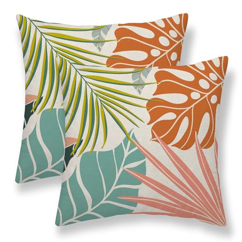 Summer Palm Leaf Pillow Covers 16x16 Set of 2, Coral