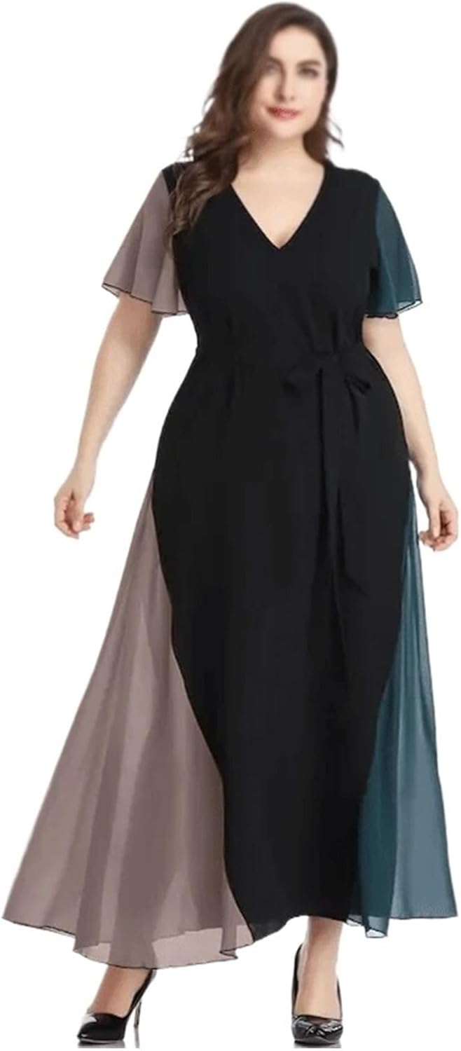 JSEIAJB V-Neck Chiffon Party Dress Women Short Sleeve Maxi Casual Dress Sash Waist Fit Evening Dress(X-Large)